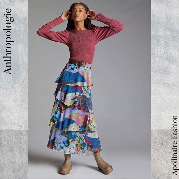 ANTHROPOLOGIE BY MAEVE TIERED MAXI SKIRT VIBRANT MOTIF SIZE 12 NWOT - Picture 1 of 10